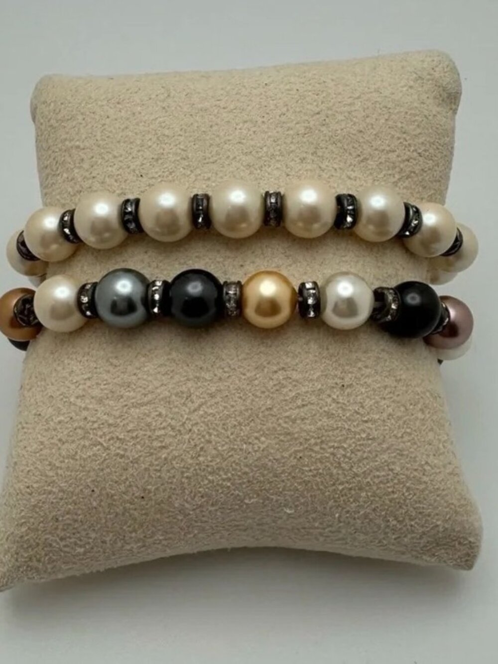 Handmade Faux Pearl Rhinestone Stretch Bracelet Set Ivory Multi 2Pc